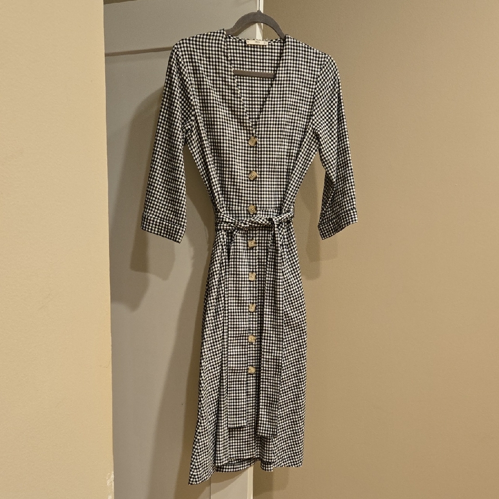 MANGO Black and White Gingham Button-Down Midi Dress Medium M
